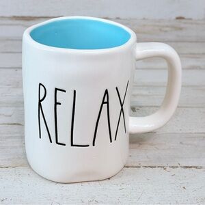 Rae Dunn Artisan Collection RELAX Coffee Mug Cup Blue Teal Inside Magenta 16oz